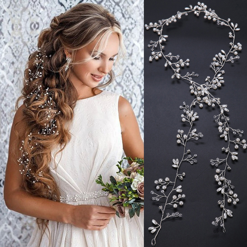 1m Long Bride Pearl Crystal Hair Vine Headband Tiara Wedding Crown