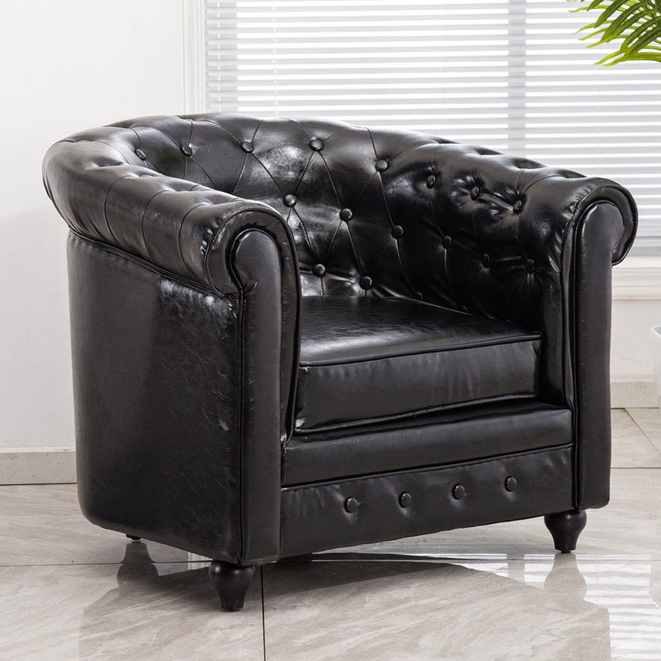 Chesterfield Style Padded Tub Chair Button Back Black Bonded