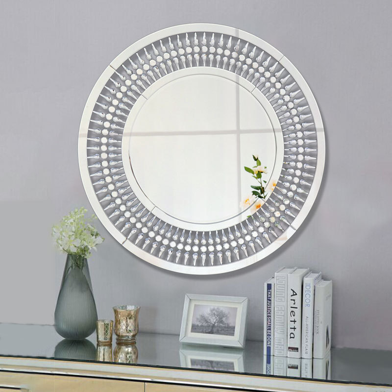 Details About Large Round Decorative Home Silver Jewelled Wall Mirror Art Hung Venetian
