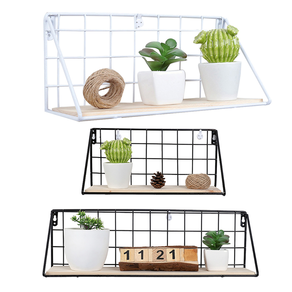 Vintage Industrial WallMounted Shelf Unit Metal Wire Floating Wood