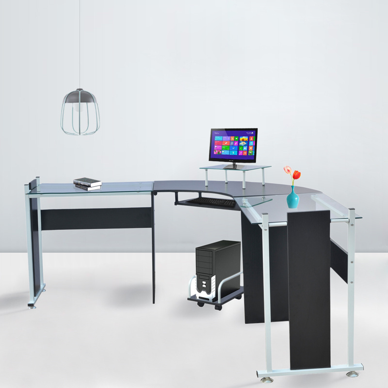 Details About Large Triangle Office Table Work Desk Glass Top Metal Frame Corner L Shape Stand