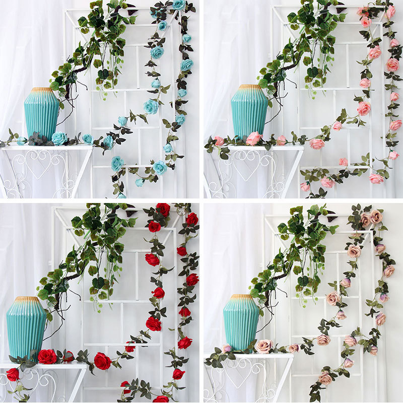 2er Pack rose künstliche Rosengirlande mit Blättern für Hochzeiten Hängedeko