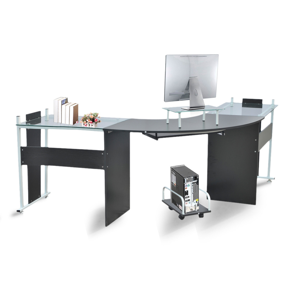 Modern Glass Table Top Corner Office Pc Computer Desk Laptop Stand Modern Tempered Glass L Shape Designer Corner Desk Study Writing Table With Computer Pc Stand Workstation Home Office Executive Furniture