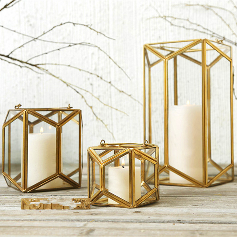 S//M//L 3 Sizes Geometric Glass Metal Candlestick Candles Wind Lantern Light Decor