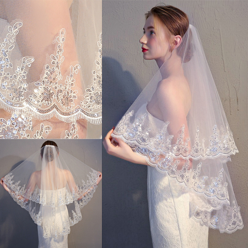 2 Tier Bridal Veil Beautiful Ivory Cathedral Short Wedding Veils Lace Edge With Comb Bride Veils