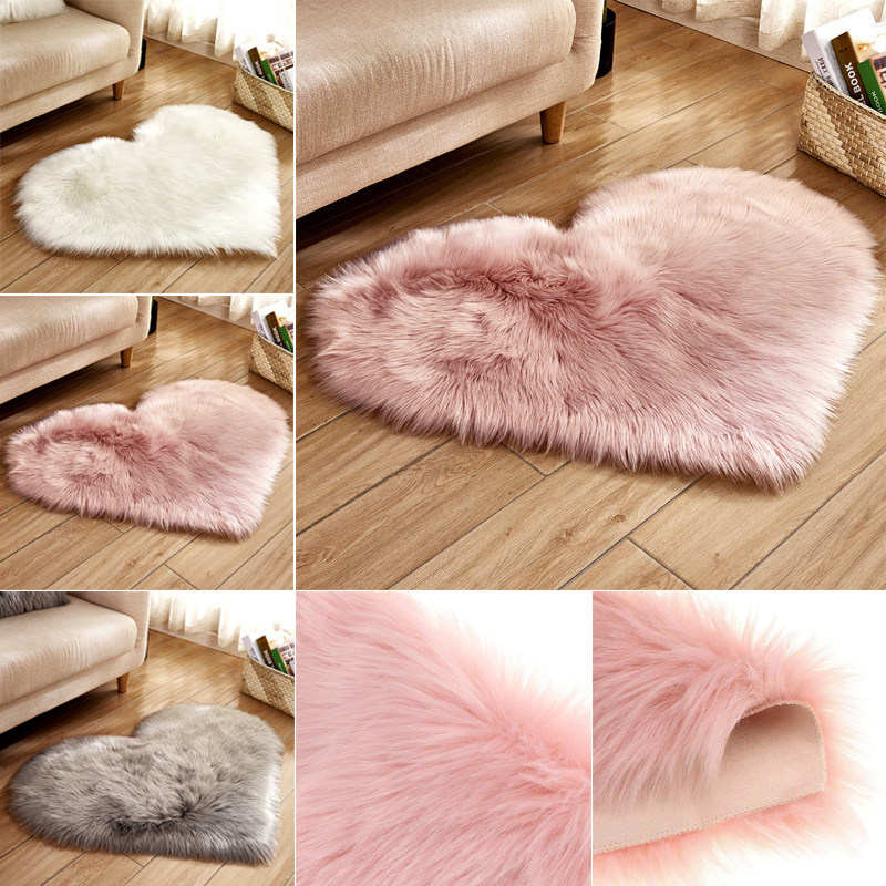 Heart Shaped Fluffy Washable Soft Plain Fake Faux Fur Clearance Colour Rugs Mats