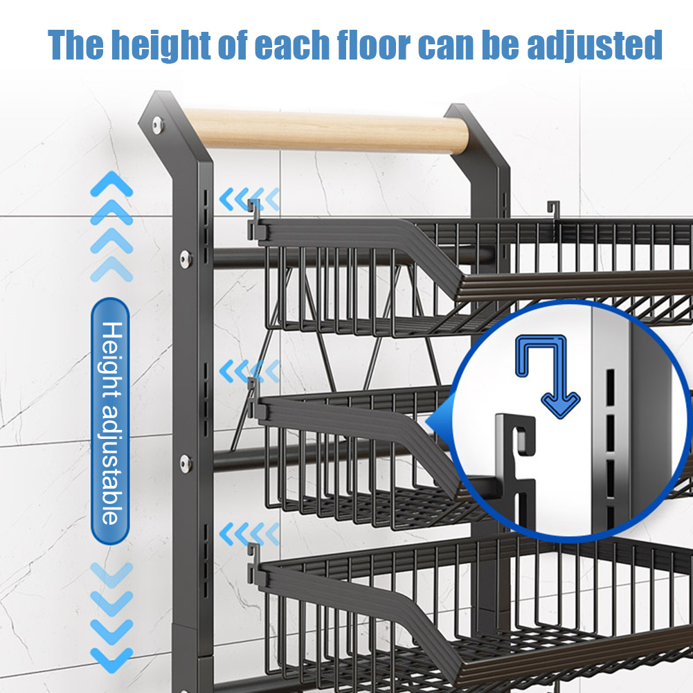 3 Tier Fruit Vegetable Storage Basket Rolling Cart With Handle And Wheels, Black