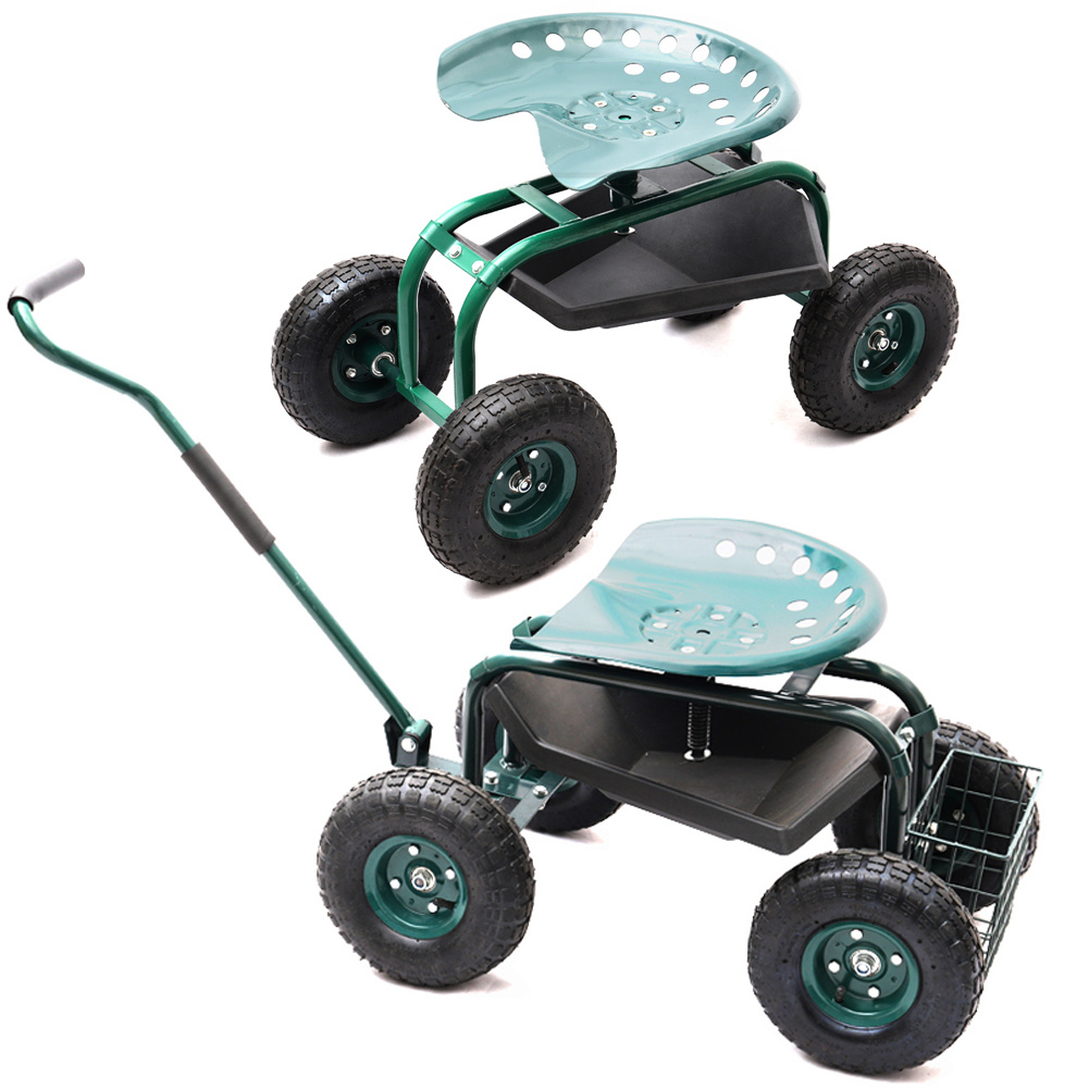 Details About Garden Cart Rolling Swivel Work Seat Planting Gardening Trolley With Tool Tray