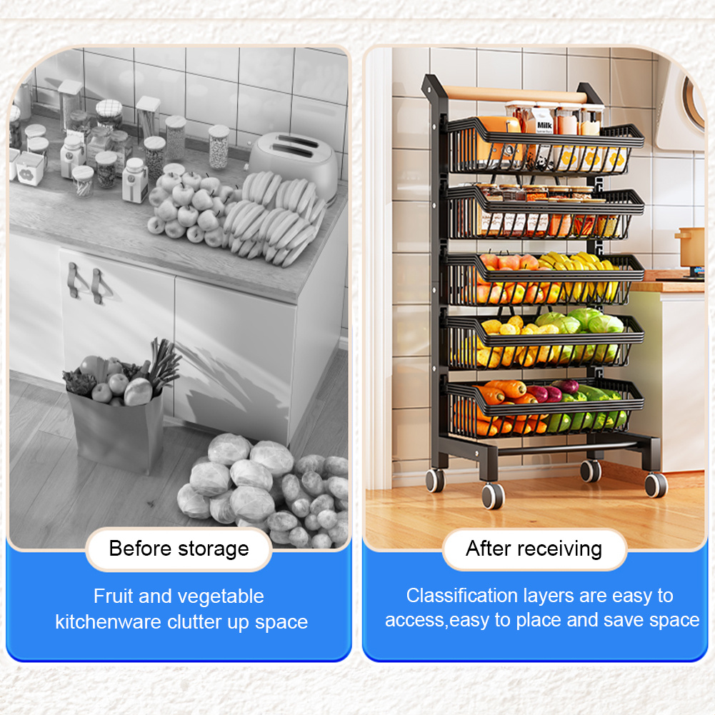 3 Tier Fruit Vegetable Storage Basket Rolling Cart With Handle And Wheels, Black