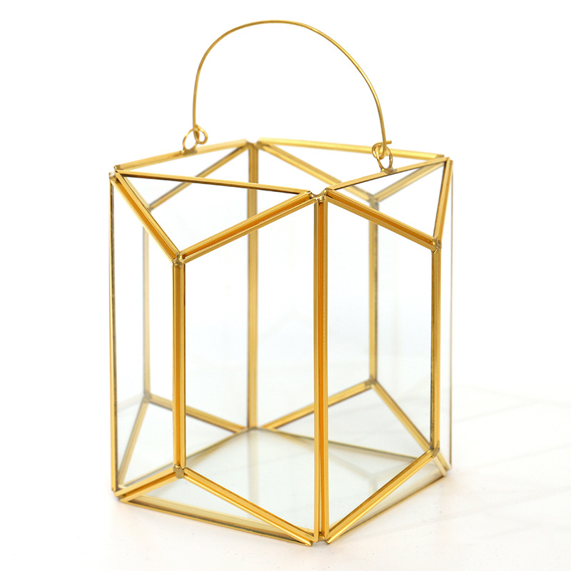 S//M//L 3 Sizes Geometric Glass Metal Candlestick Candles Wind Lantern Light Decor